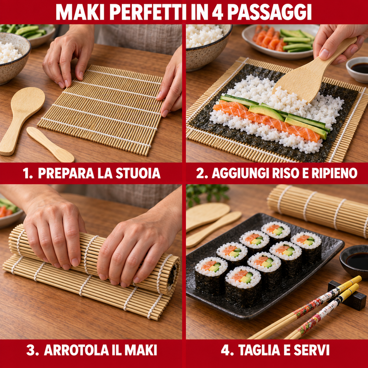 Quattro passaggi illustrati per arrotolare e tagliare i maki con la stuoia in bambù