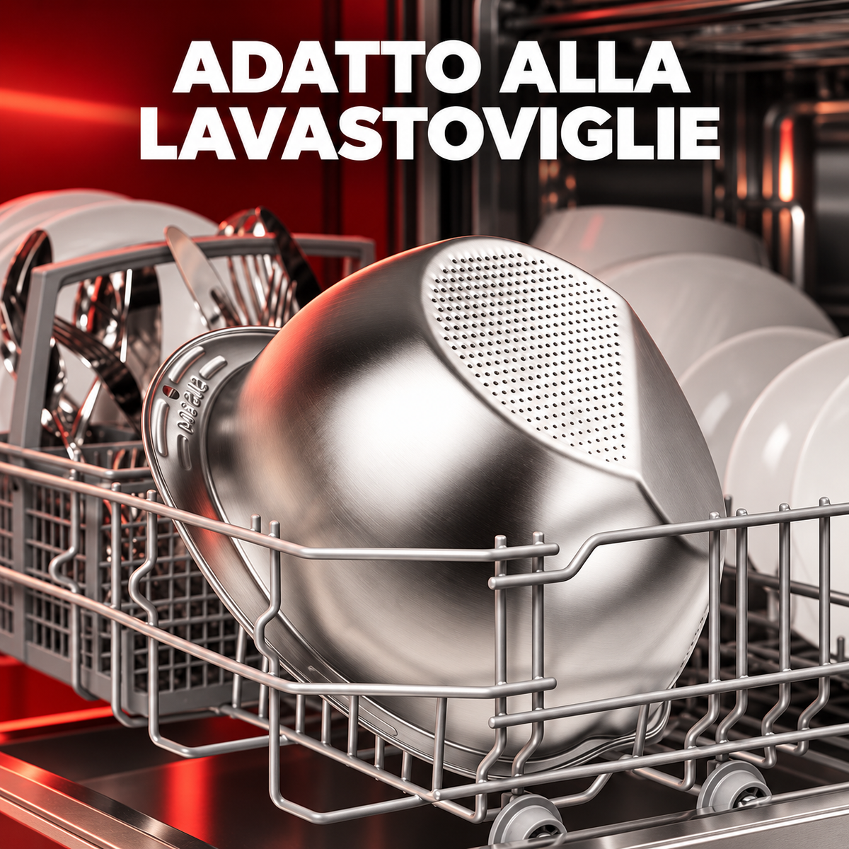 Ciotola lava riso in acciaio inox posizionata nel cestello della lavastoviglie