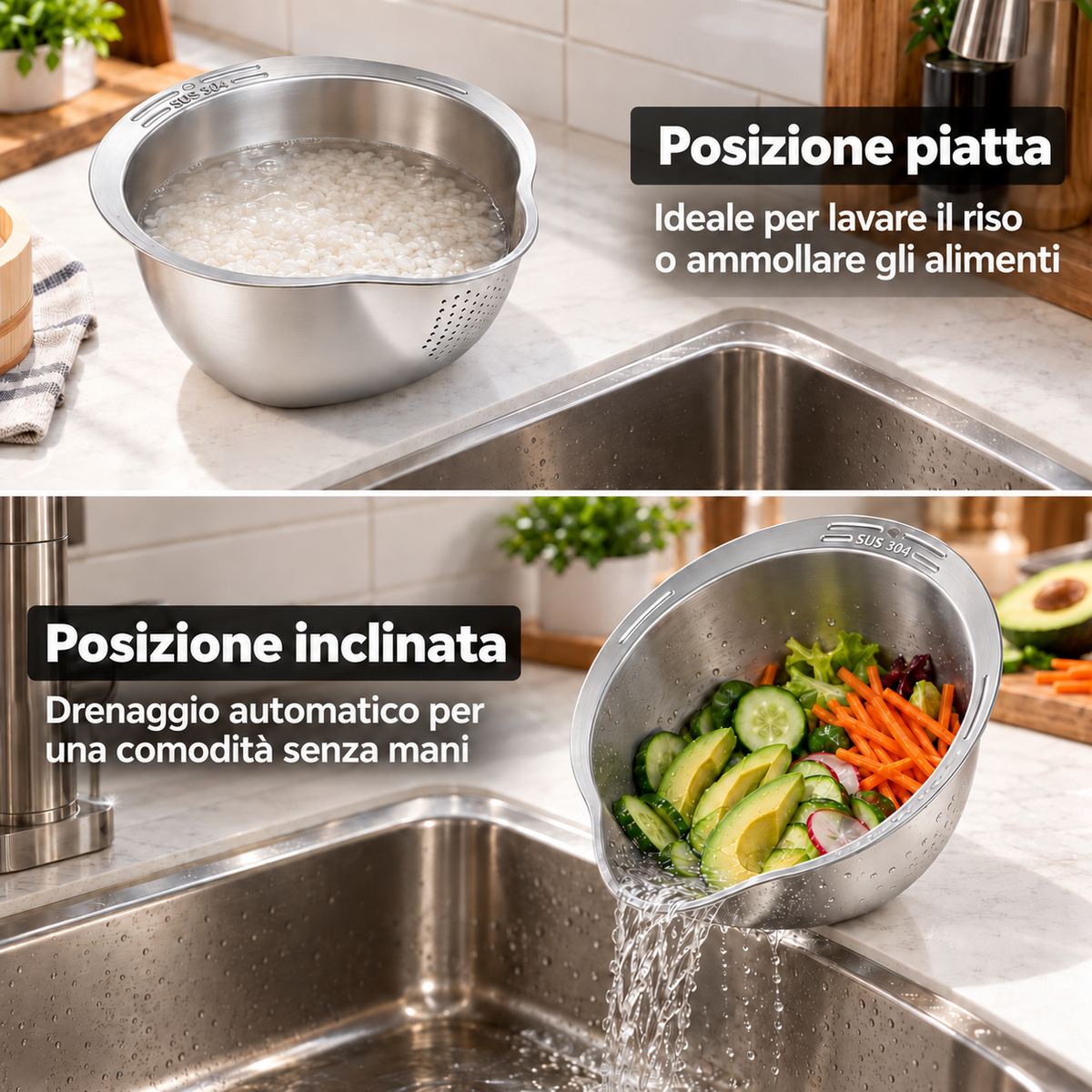 Ciotola in acciaio inox usata in posizione piana e inclinata nel lavello