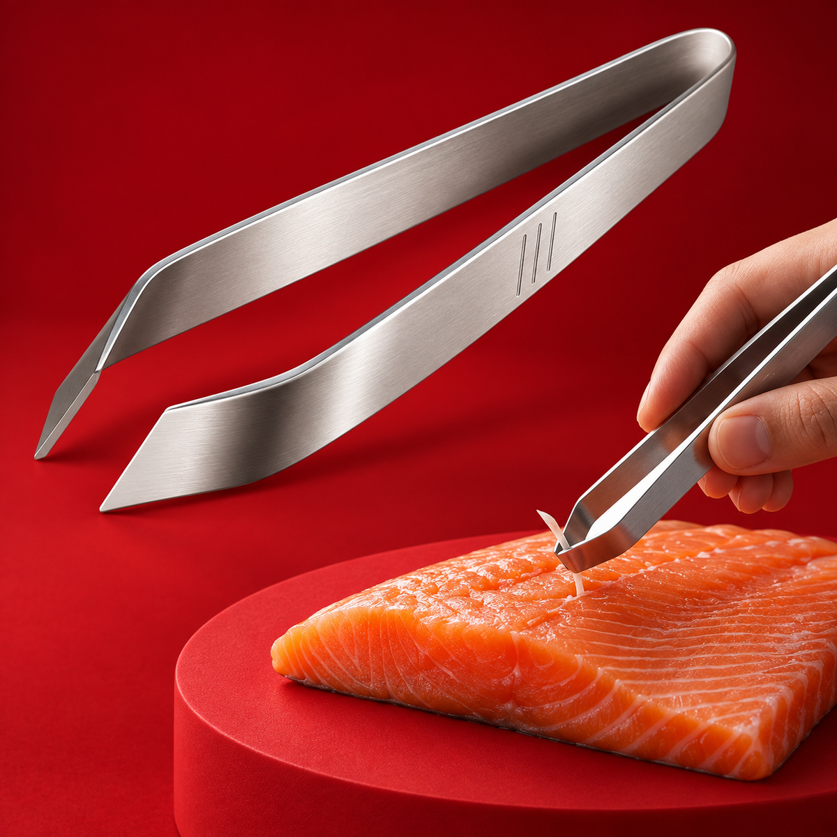 Pinzetta per lische in acciaio accanto a un filetto di salmone