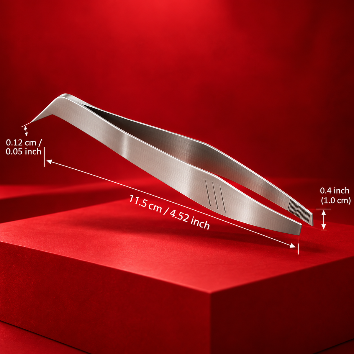 Pinzetta per lische in acciaio con dimensioni illustrate