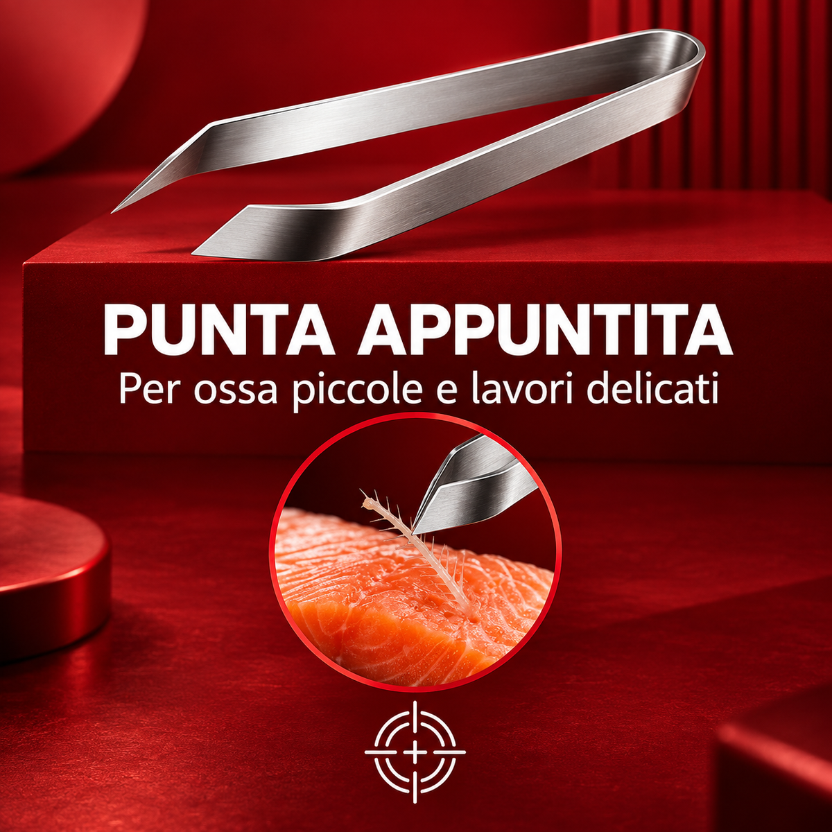 Dettaglio delle punte della pinzetta per lische sul filetto di pesce