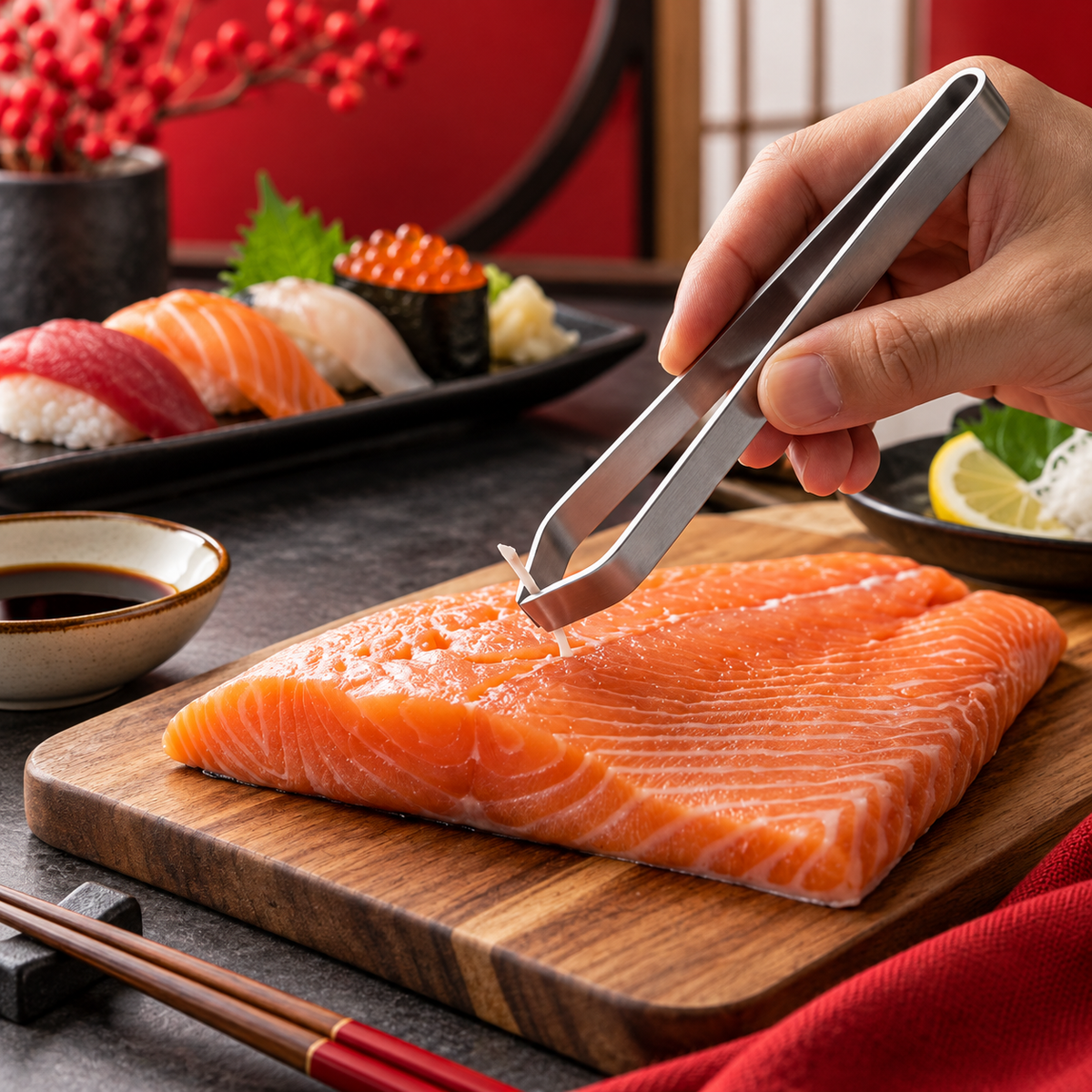 Rimozione delle lische da un filetto di salmone con la pinzetta in acciaio