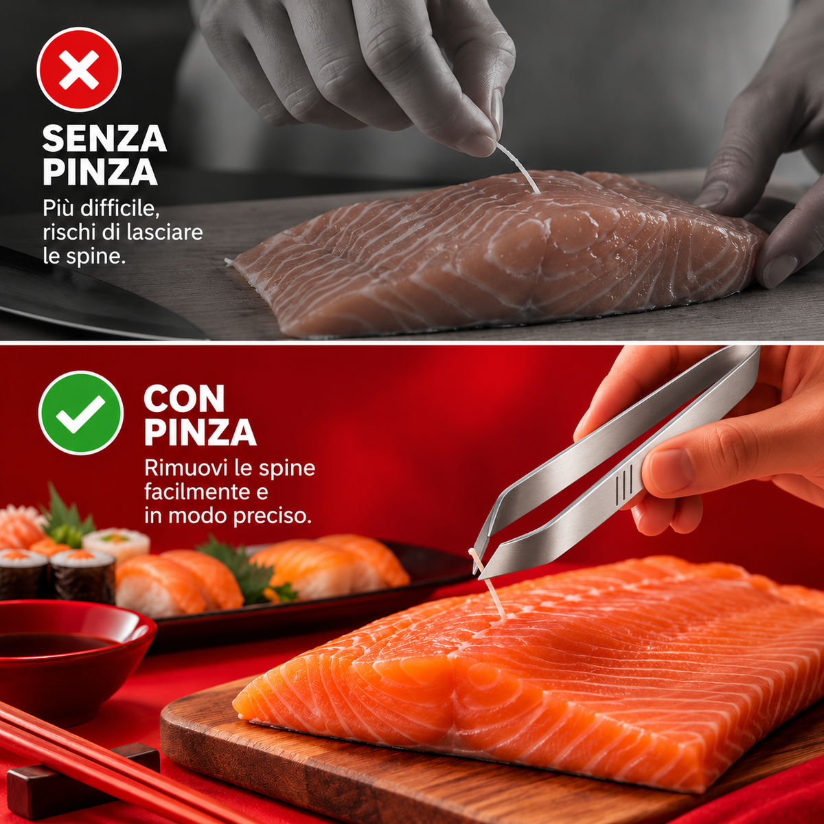 Confronto illustrato della preparazione del salmone con e senza pinzetta per lische