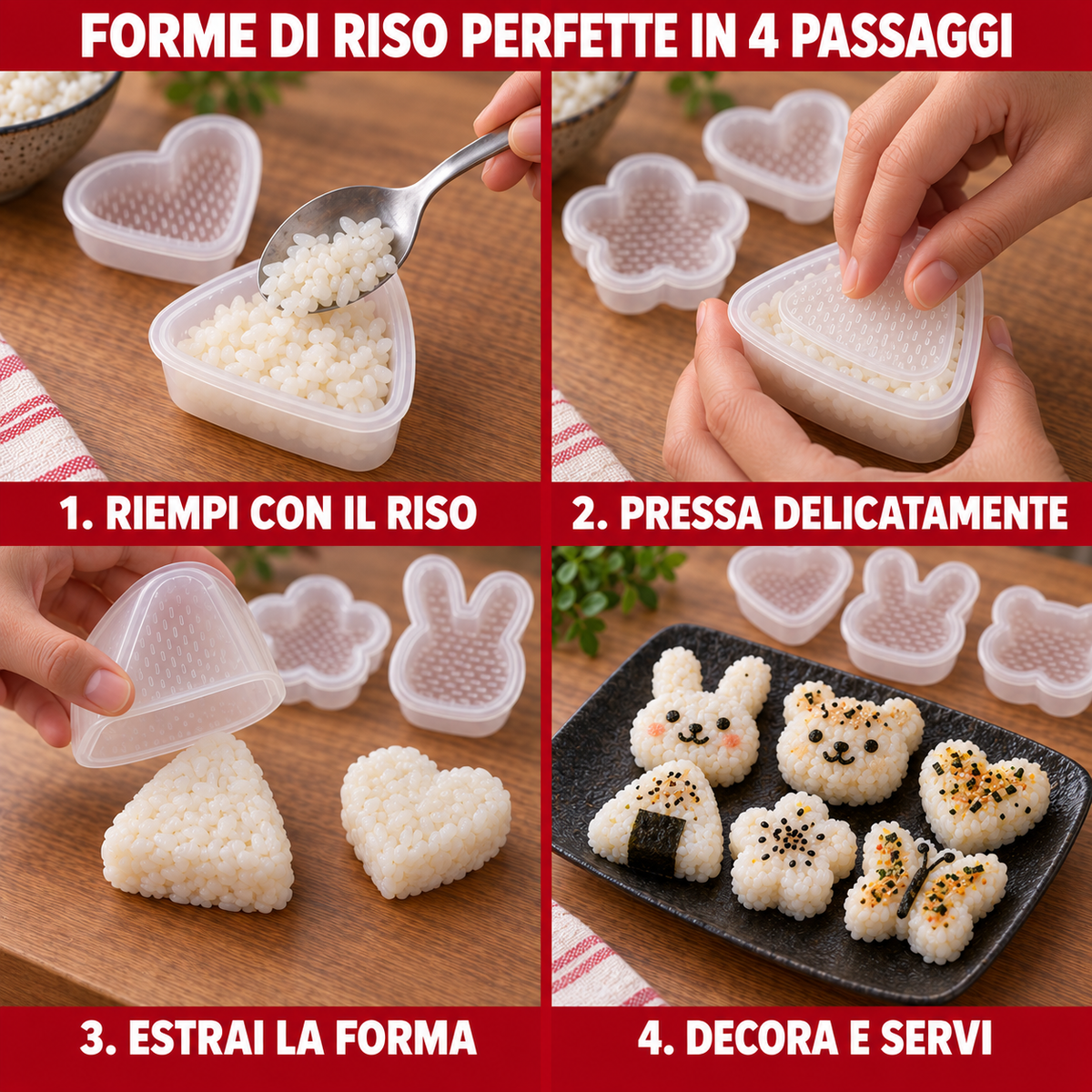 Quattro passaggi illustrati per modellare onigiri creativi con gli stampi
