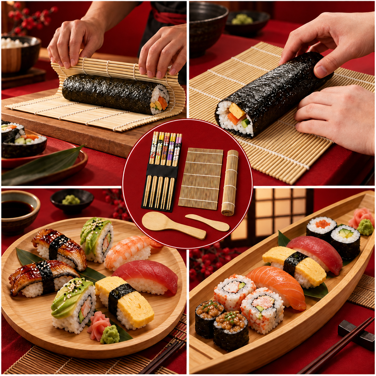Preparazione, taglio e servizio dei maki con gli accessori del kit in bambù