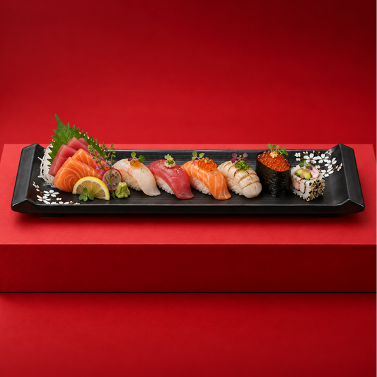 Piatto rettangolare Sakura nero con sushi, sashimi e decorazioni floreali