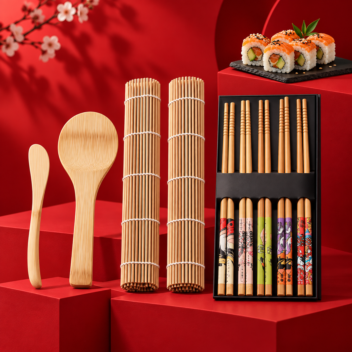Kit sushi tradizionale con due stuoie in bambù, cinque paia di bacchette e utensili