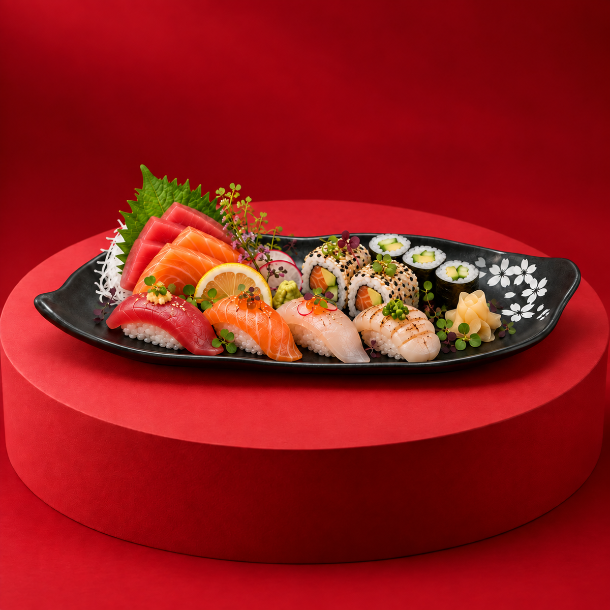 Piatto sushi a foglia Sakura nero con roll, nigiri e sashimi