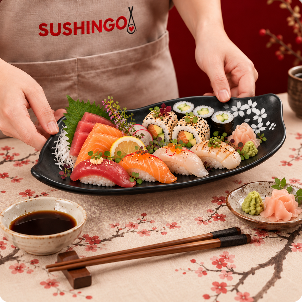 Piatto a foglia Sakura con sushi durante il servizio a tavola