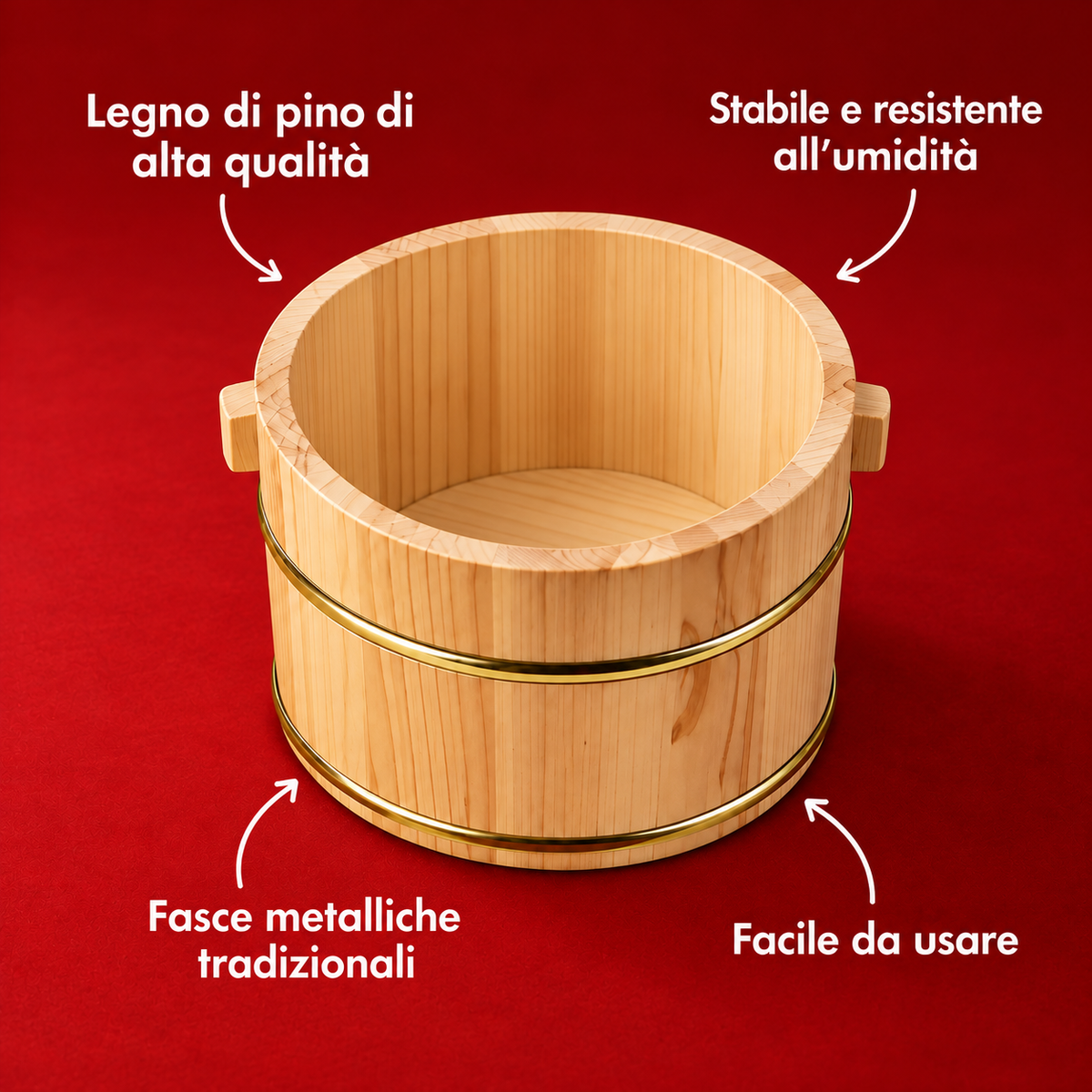 Hangiri in legno vuoto con fasce metalliche e impugnature laterali