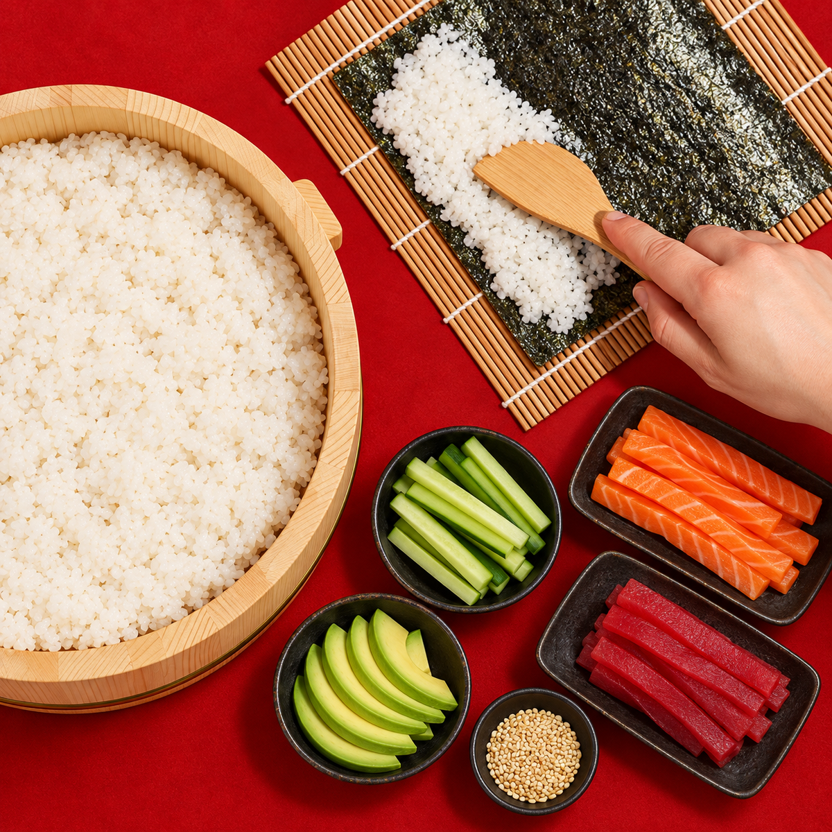 Hangiri con riso accanto a stuoia, alga nori e ingredienti per sushi