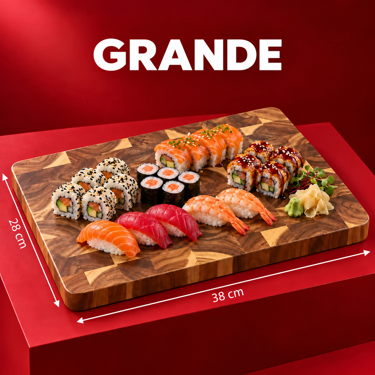 Tagliere in acacia a mosaico grande da 38 × 28 cm con una selezione di sushi