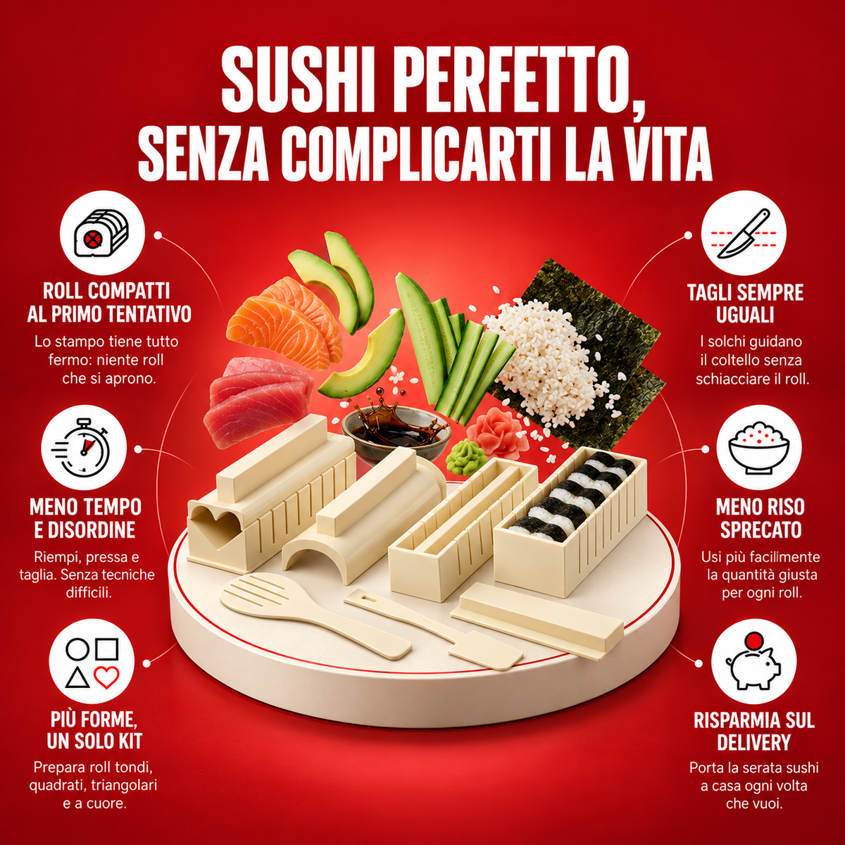 Kit per sushi Sushingo con esempi di roll e riepilogo delle caratteristiche