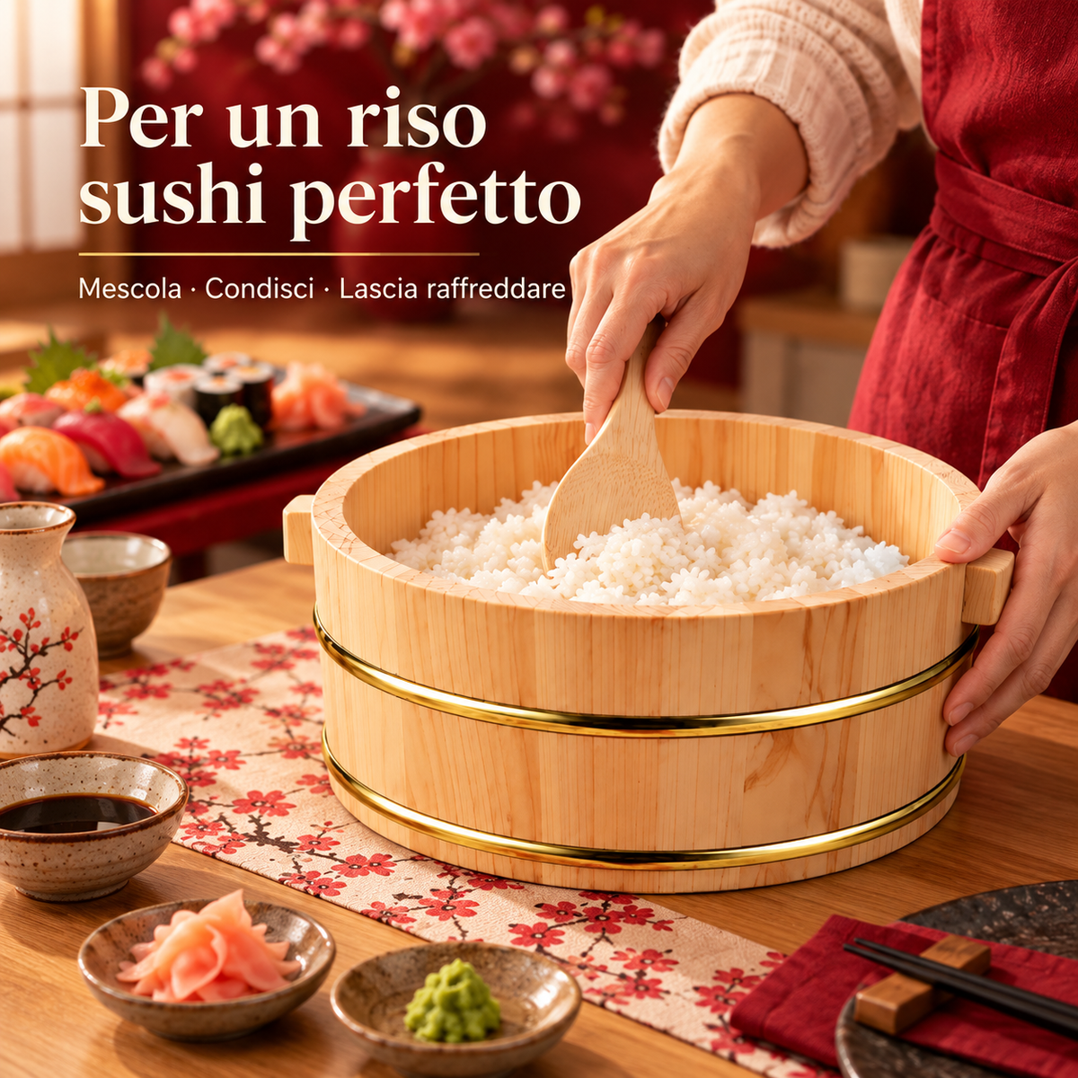 Preparazione del riso da sushi nell'hangiri in legno
