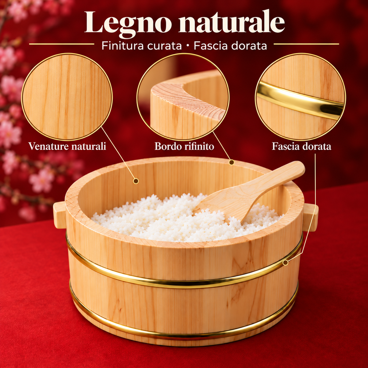 Dettagli dell'hangiri: venature del legno, bordo e fasce metalliche