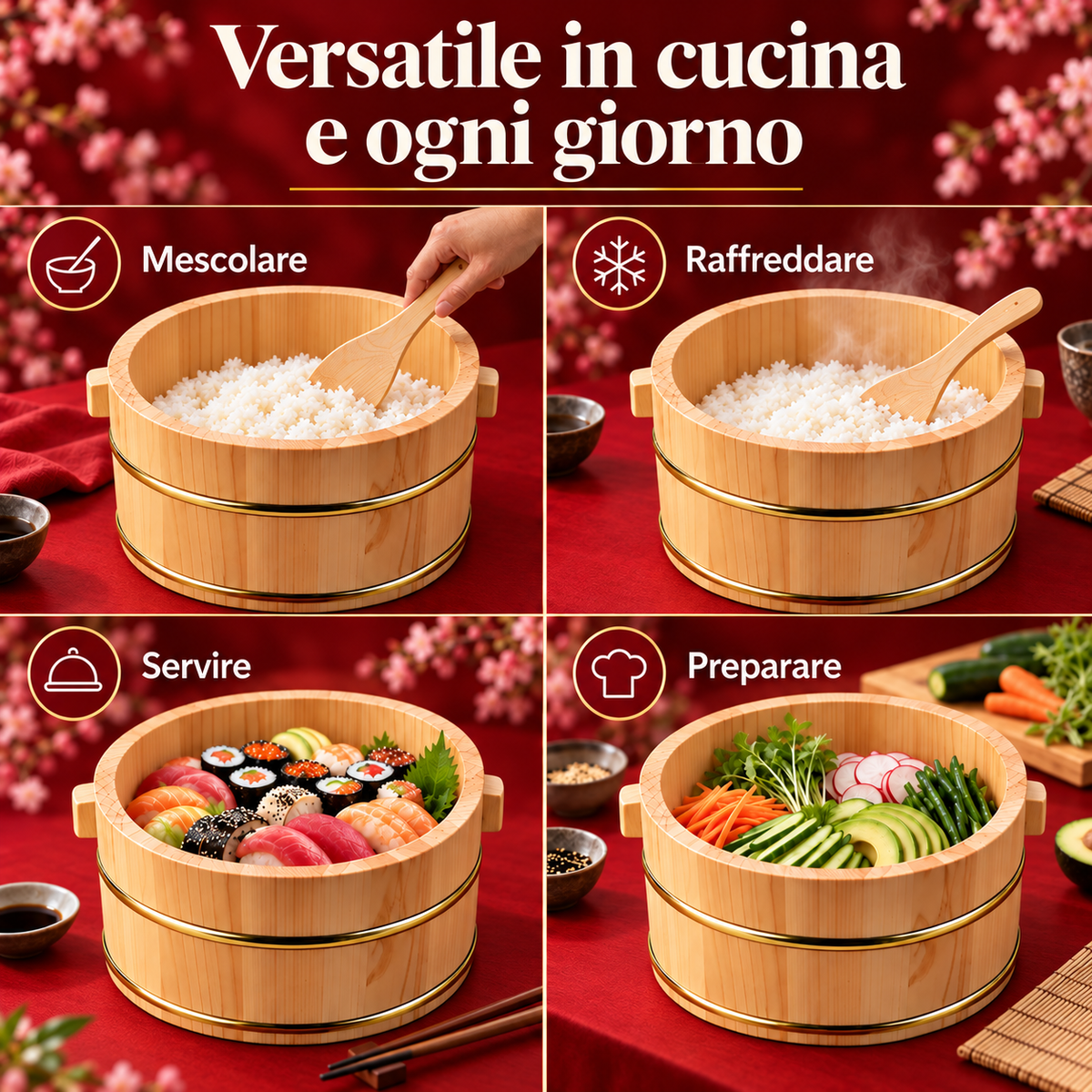 Hangiri in legno utilizzato per mescolare, raffreddare e servire riso e ingredienti