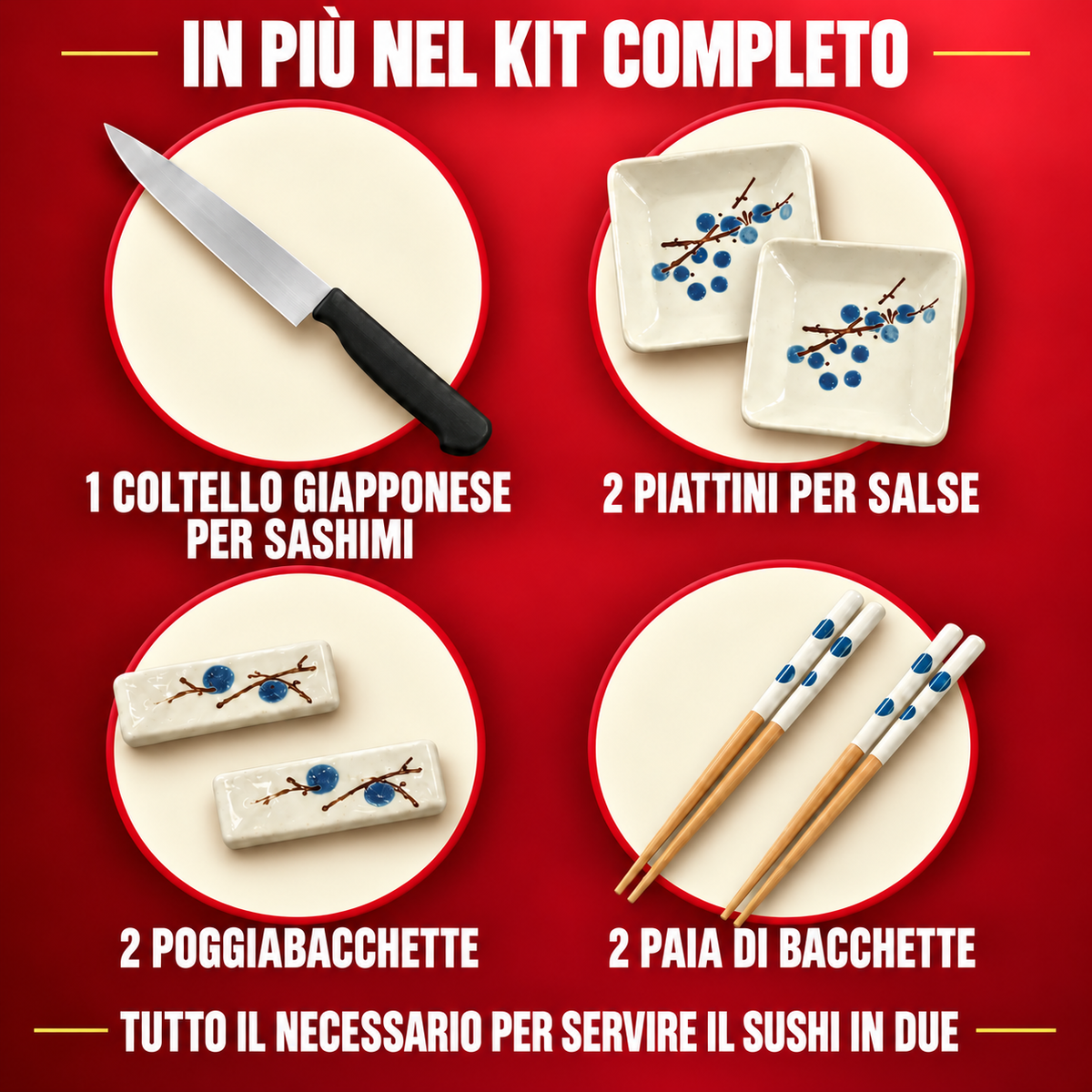Accessori aggiuntivi del kit completo: coltello, piattini per salse, poggia bacchette e bacchette