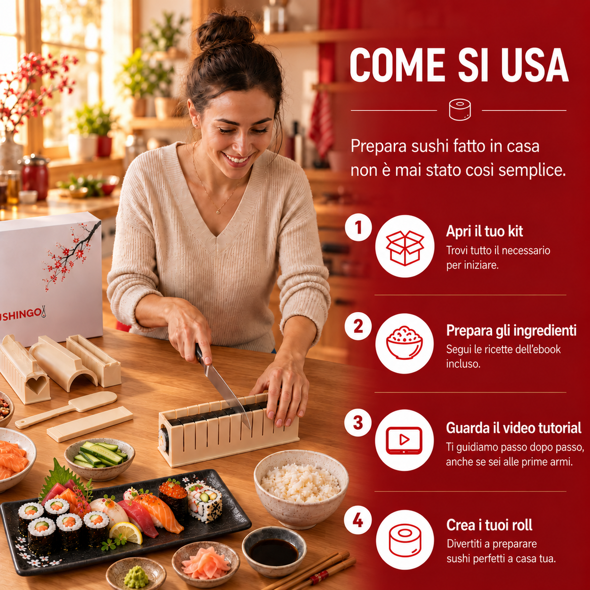 Preparazione del sushi con gli stampi del kit Sushingo e istruzioni illustrate