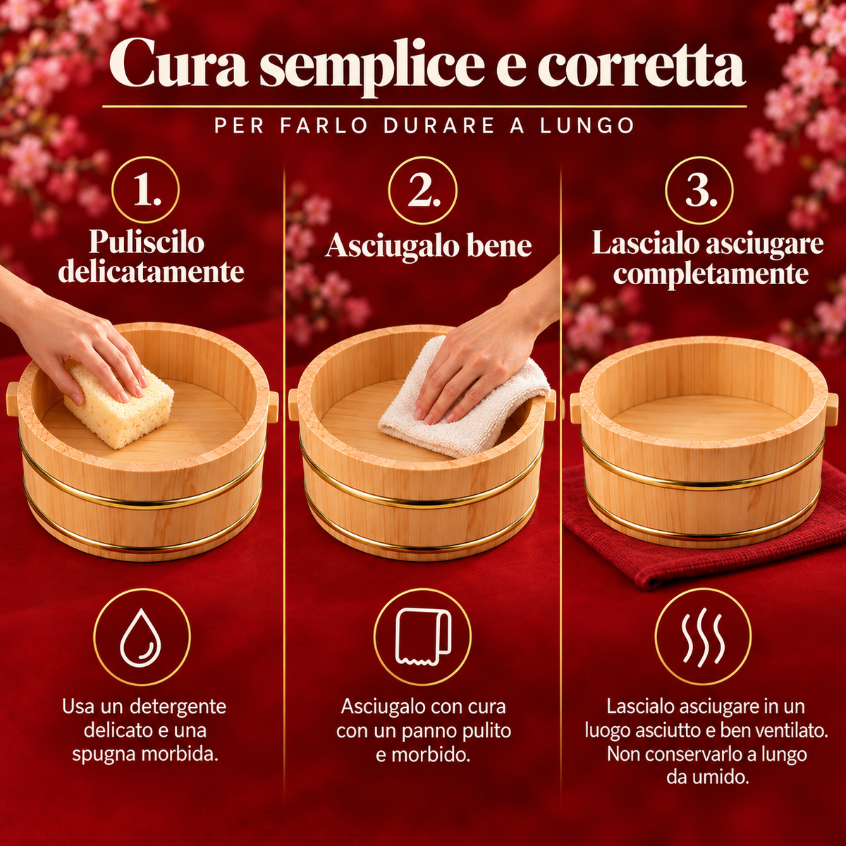 Passaggi illustrati per pulire e asciugare l'hangiri in legno