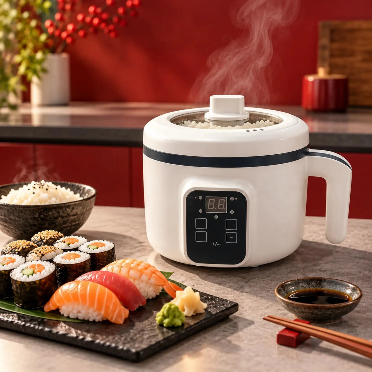 Cuociriso elettrico in cucina con sushi